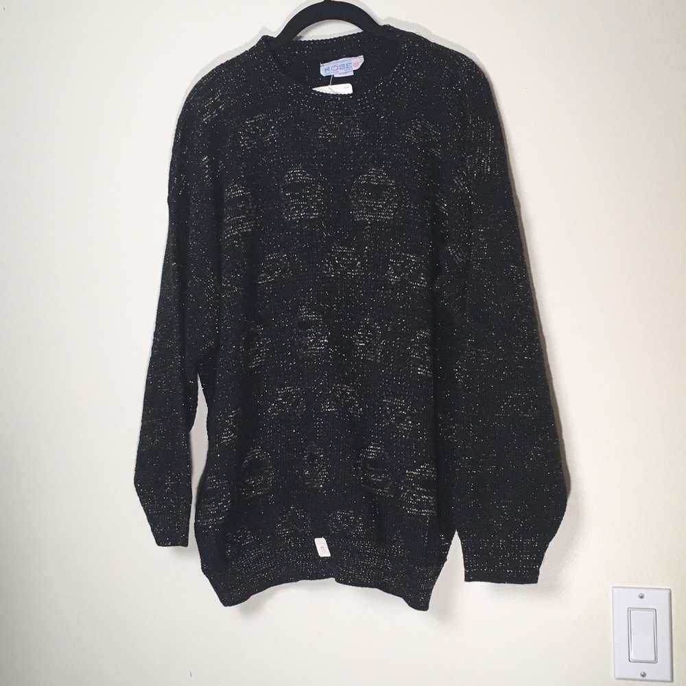 Vintage Old Stock Metallic Gold Rose Sweater Black